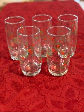 Anchor Hocking Clear Highball Glasses with Red Floral Rose Motif - Set of 5